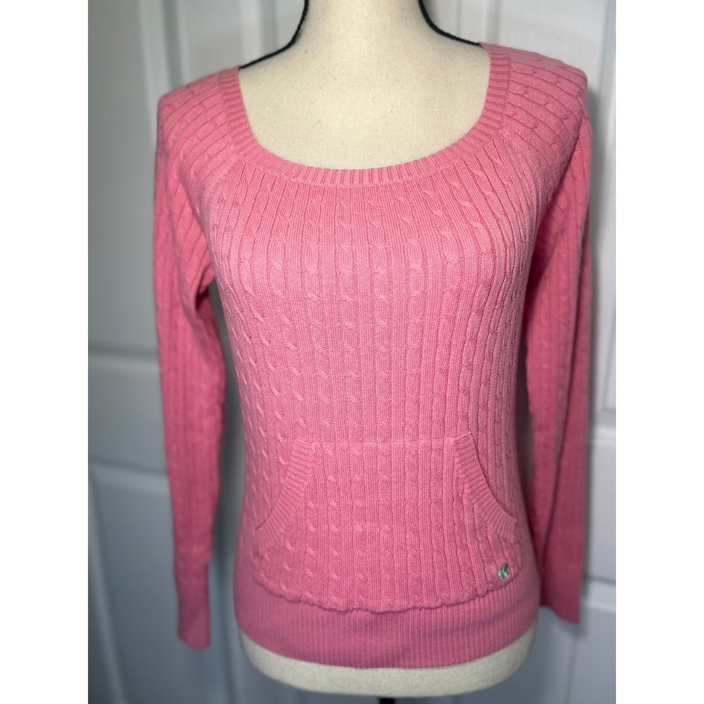 Aeropostale Sweater Slim Fit Large Pink Cable Knit Scoop Neck Kangaroo Pocket - Picture 1 of 6